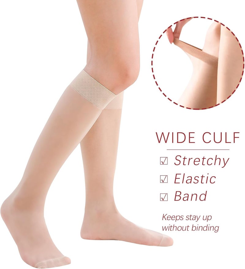 FeinYee 6 Pairs Knee High Stockings for Women, Elastic Fine Sheer Socks with Reinforced Toes 20 Denier Nylon One Size - Image 2
